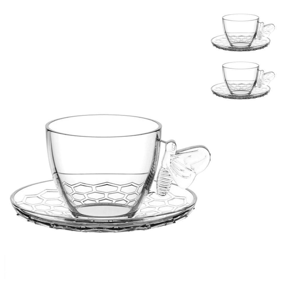 Jogo 2 Xícaras Vidro 200Ml Com Pires Chá Abelha