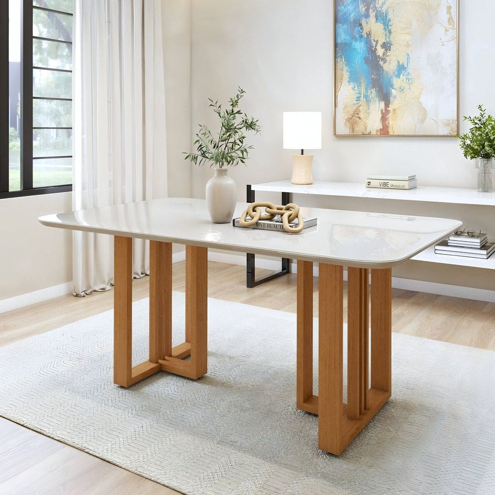 Mesa de Jantar 170cm com Tampo Mdf e Vidro Bold Tessera Amêndoa Clean/Off White