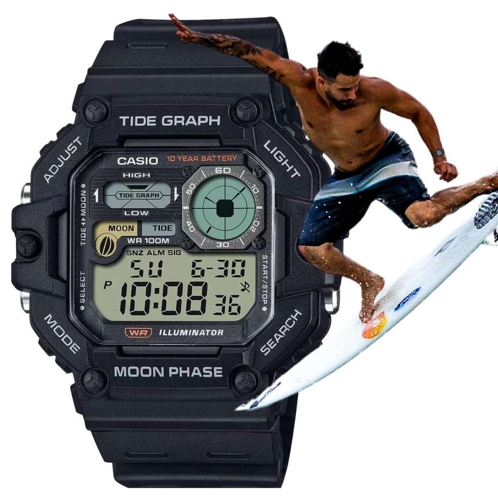 Relógio de Pulso Casio Masculino Tábua de Marés Dual Time Hora Mundial Prova D`agua 100 Metros Digital Esportivo Surfista Preto WS-1700H-1AV