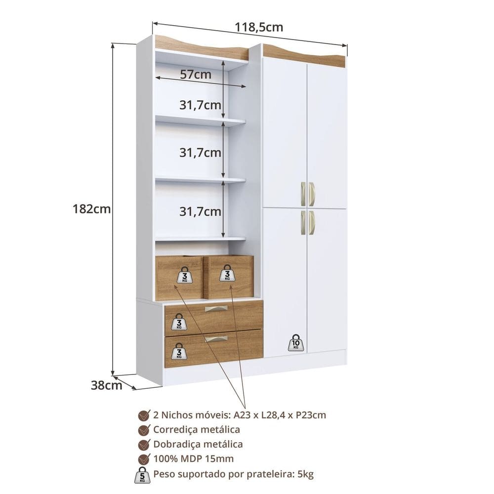 Guarda-roupa Infantil com 4 Portas e 2 Gavetas Roup001 Branco/Mel