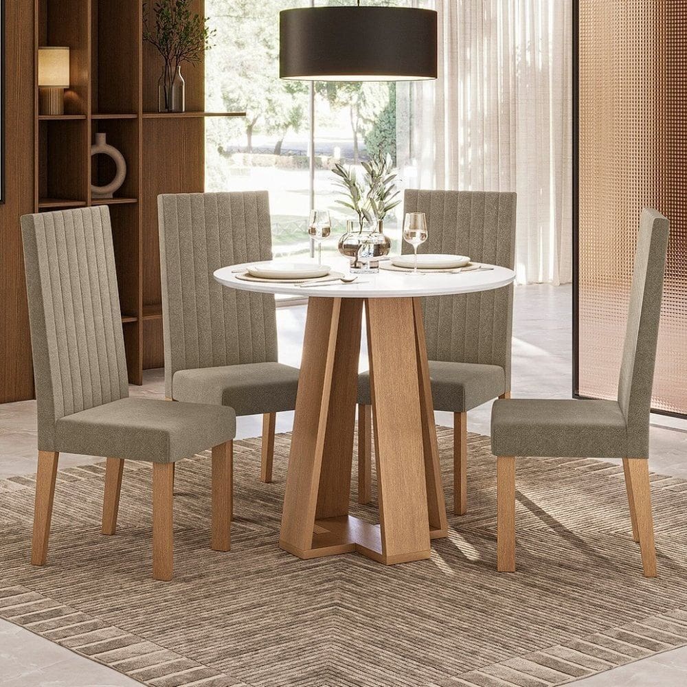 Conjunto Sala de Jantar Estilo Redonda 4 Lugares Laura Mel/Off White Fosco