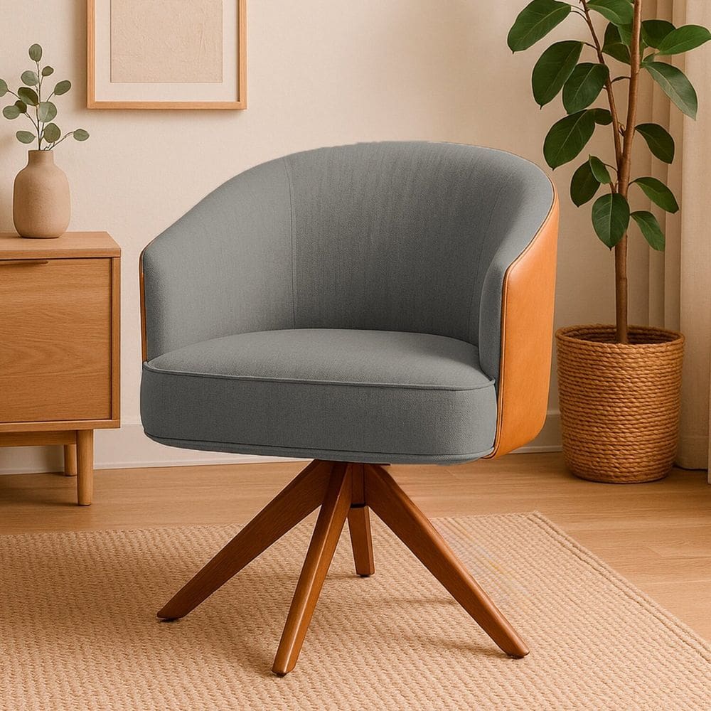 Poltrona Giratória Linho Premium Base Madeira Maciça Juliana Cinza / Marrom / Cinamomo