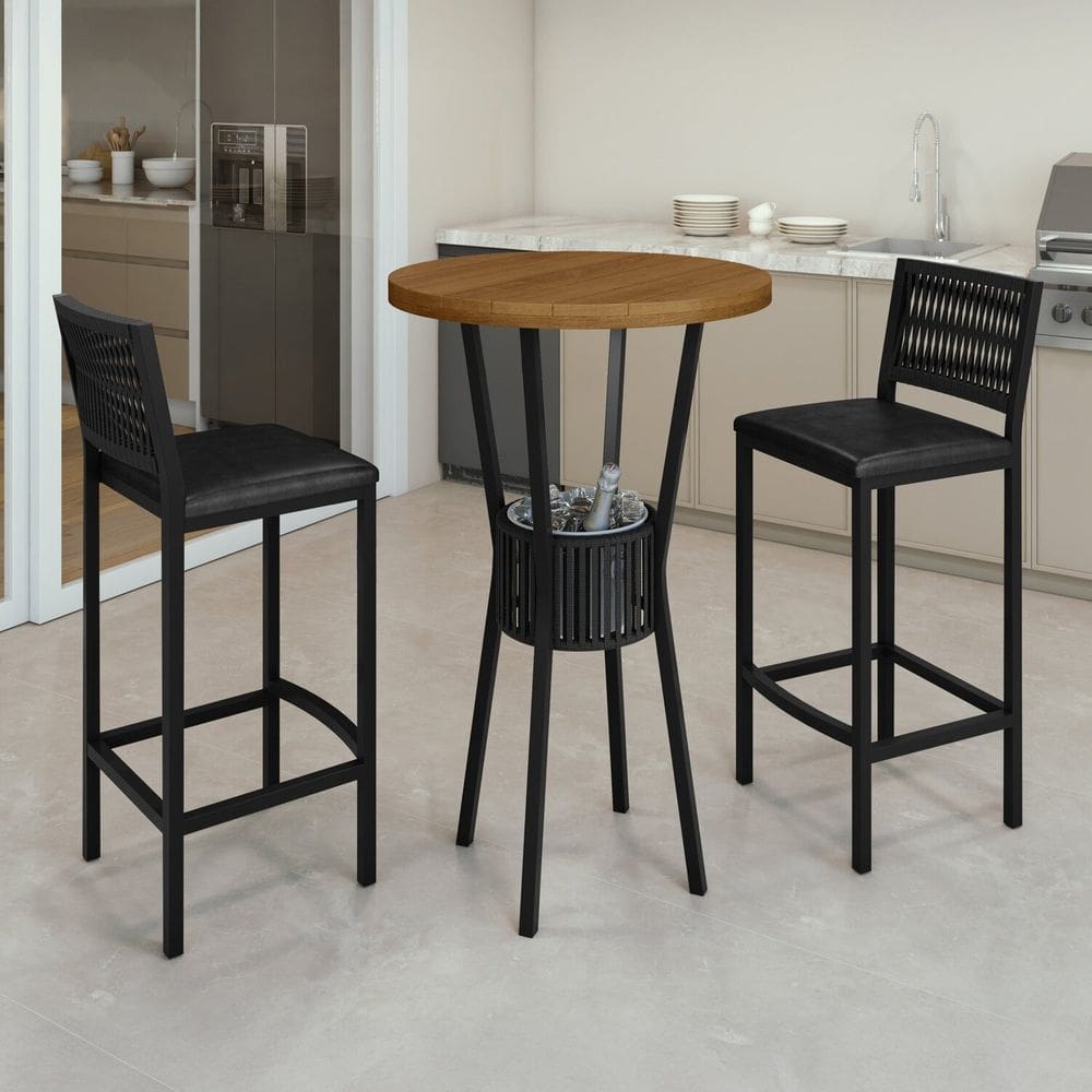 Conjunto Mesa Bistrô Bar Tampo Madeira Maciça Ripado 70cm com 2 Banquetas Barcelona Preto/Marrom