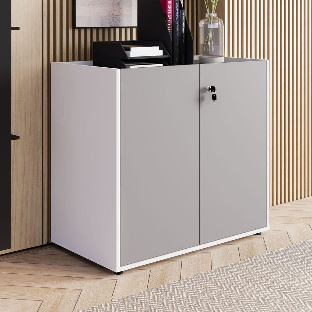 Armário Baixo 80cm com 2 Portas e Tampo Embutido para Escritório Corporate Cinza Sagrado / Branco