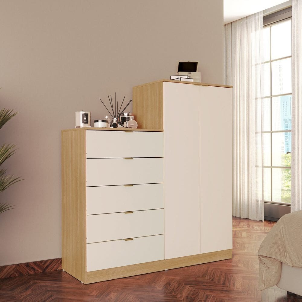 Cômoda para Quarto 5 Gavetas 2 Portas Bella Tauari Ambar/Off White