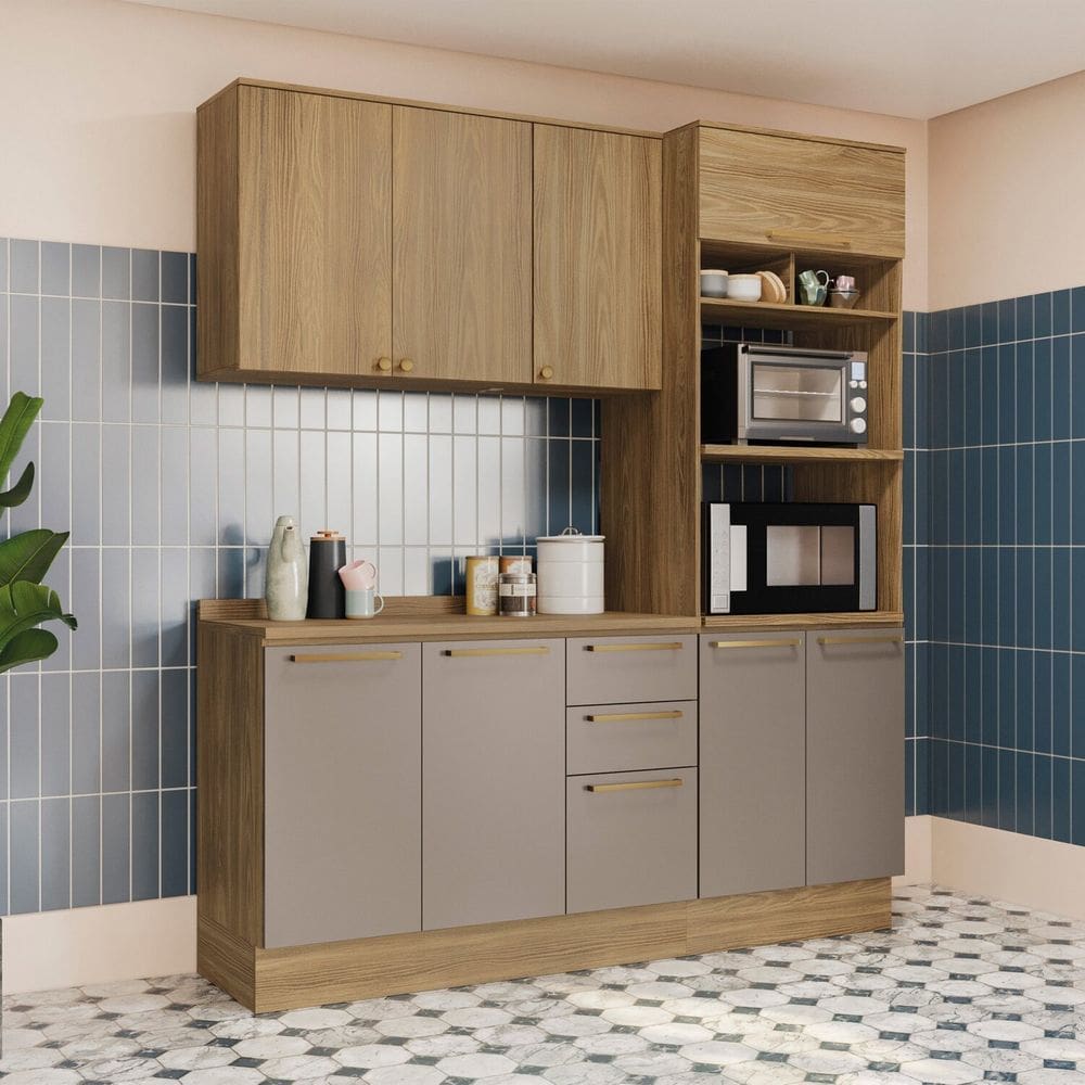 Cozinha Compacta 3 Peças com Tampo e Torre Quente Botanic Nogueira/Cinza