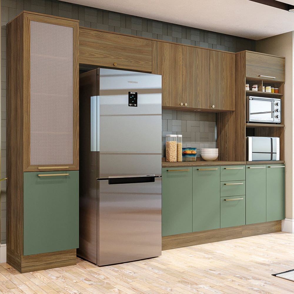 Cozinha Compacta 5 Peças com Torre Quente e Paneleiro Botanic Nogueira/Verde Oliva