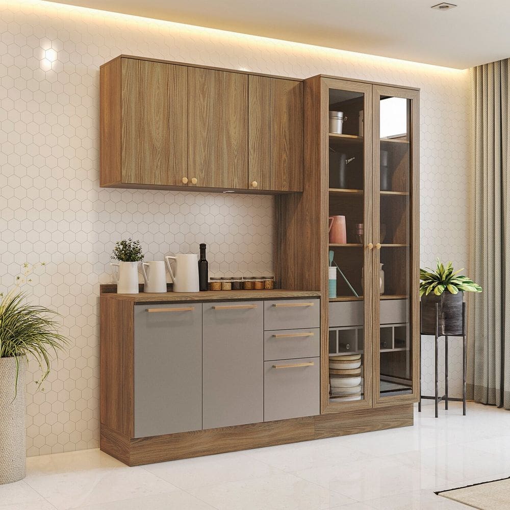 Cozinha Compacta 3 Peças com Tampo e Cristaleira Botanic Nogueira/Cinza