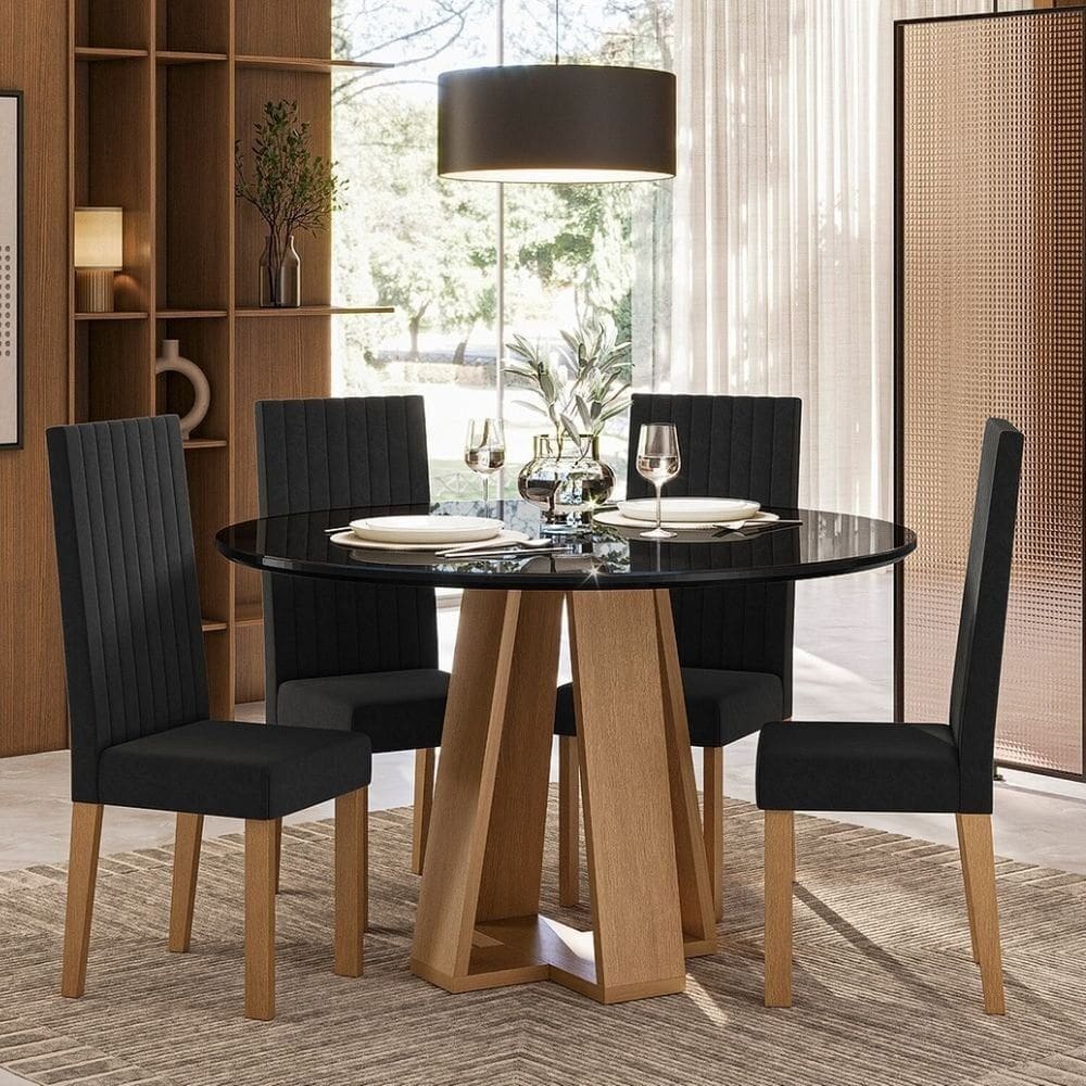 Sala de Jantar Estilo Red Vidro com 4 Cadeiras Suede Laura Mel/Preto