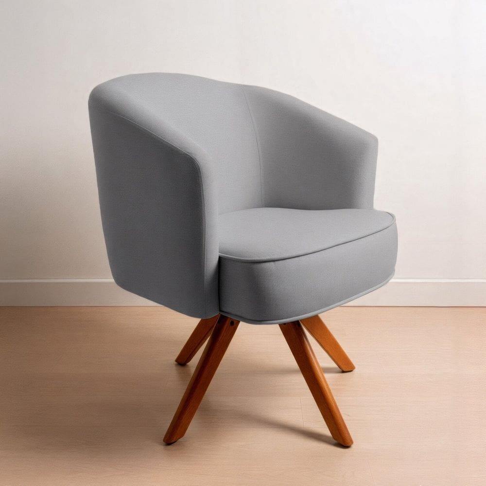 Poltrona Giratória Linho Premium Base Madeira Maciça Juliana Cinza/Cinamomo