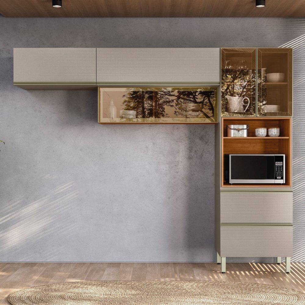 Cozinha Completa com Aéreo 3 Peças Mdf Proença Nogueira/Nude Prime