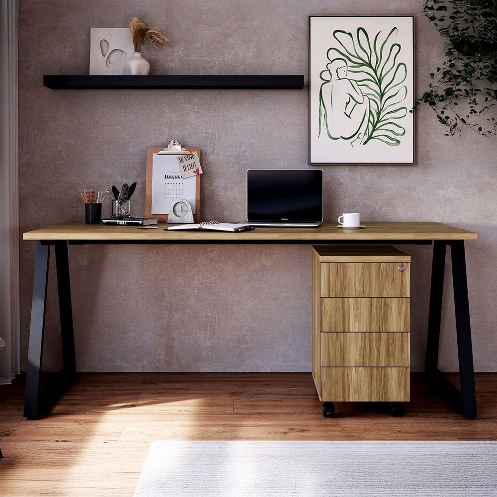 Mesa Escrivaninha 160cm e Gaveteiro com 4 Gavetas e Rodízios Industrial Executive Nogal/ Preto