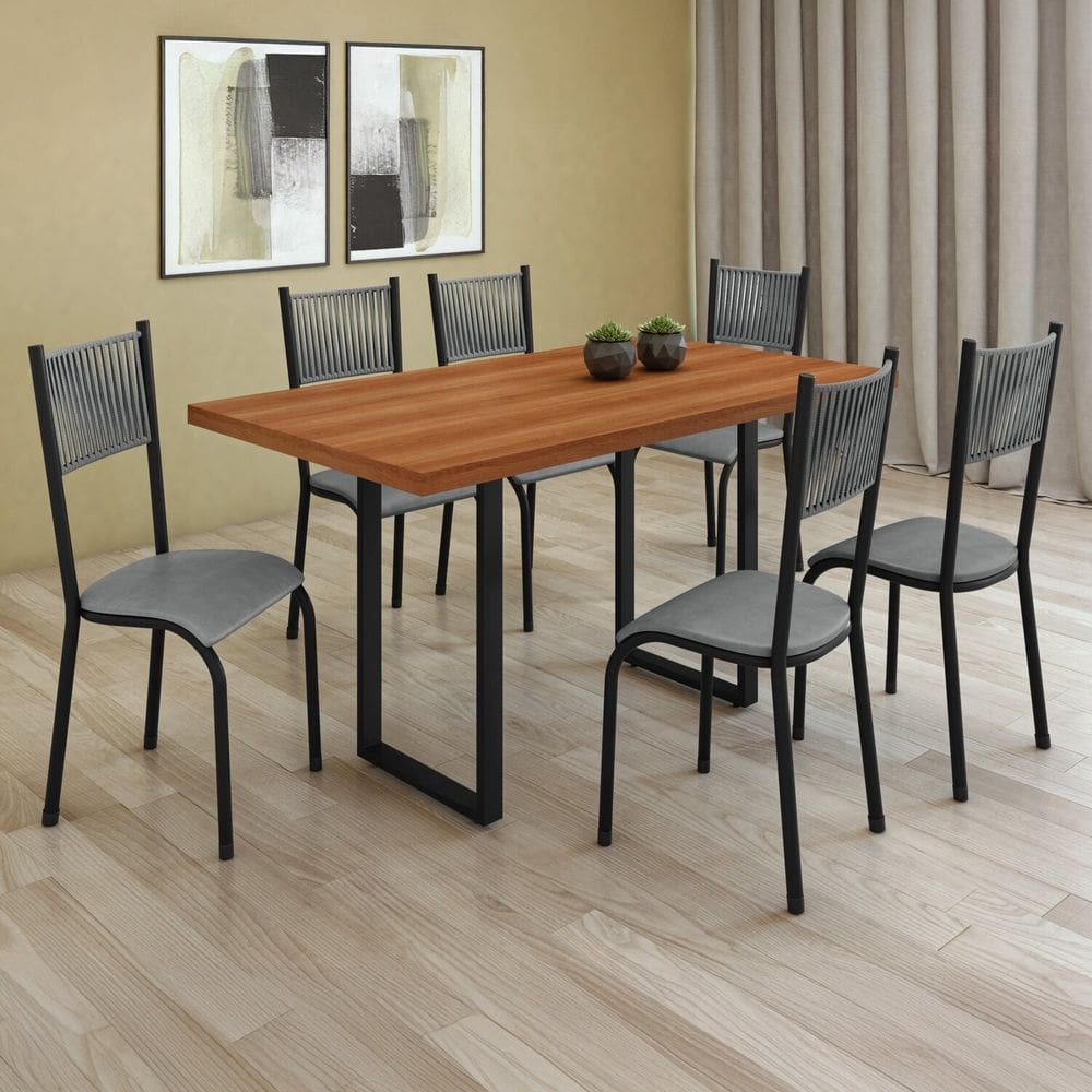 Conjunto Sala de Jantar 6 Cadeiras Mesa Bp 136x75cm Mariana Prata/Cinamomo/Preto