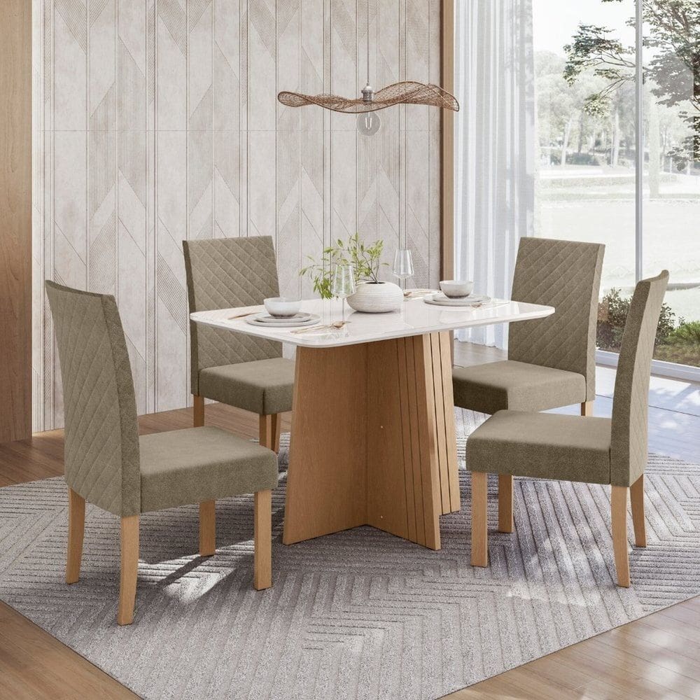 Conjunto Sala Jantar Isa 90cm Vidro 4 Cadeiras Elegance Mel/Caramelo