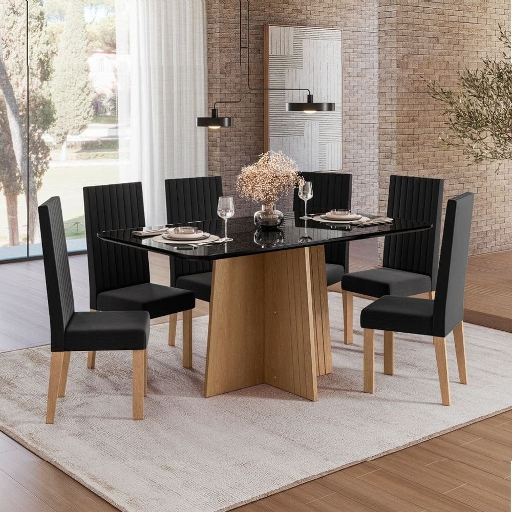 Sala de Jantar Isa 160cm Vidro 6 Cadeiras Laura Mel/Preto