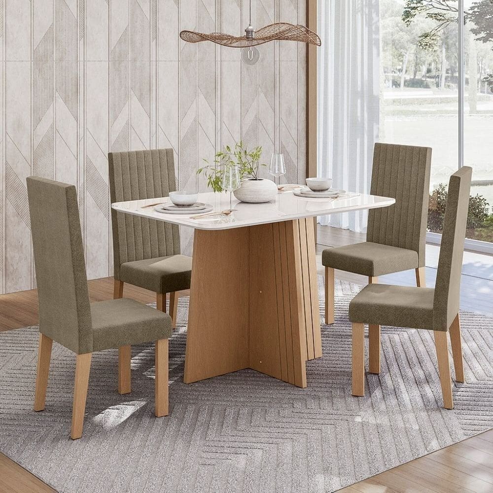 Sala de Jantar Mesa Isa 120cm Vidro com 4 Cadeiras Laura Mel/Caramelo/Off White