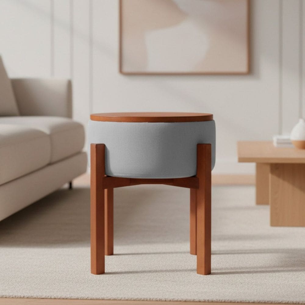 Puff Linho Premium Base Madeira Maciça Tony Cinza/Cinamomo