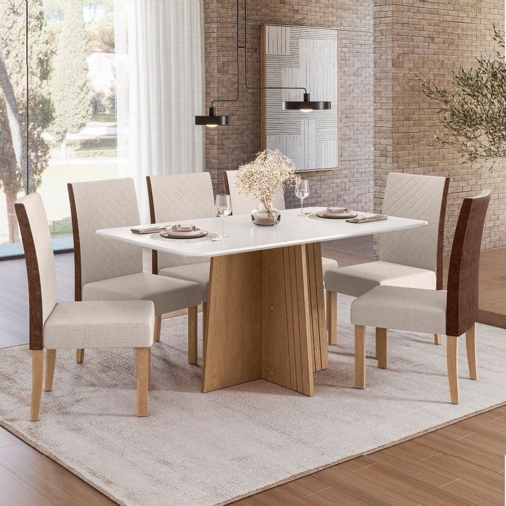 Sala Jantar Isa 160cm Vidro 6 Cadeiras Helo Linho Claro Encosto Courino Mel/Off White