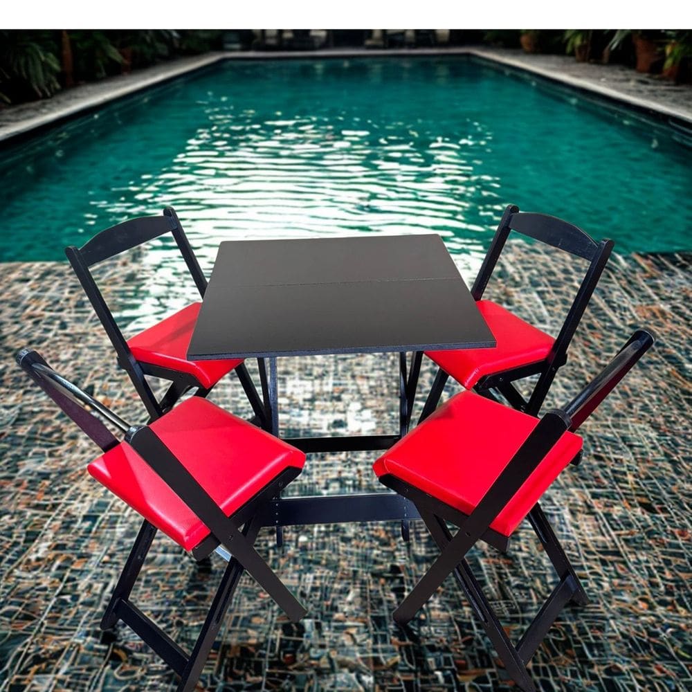 Conjunto Mesa Dobrável com 4 Cadeiras Estofado Preto/Vermelho
