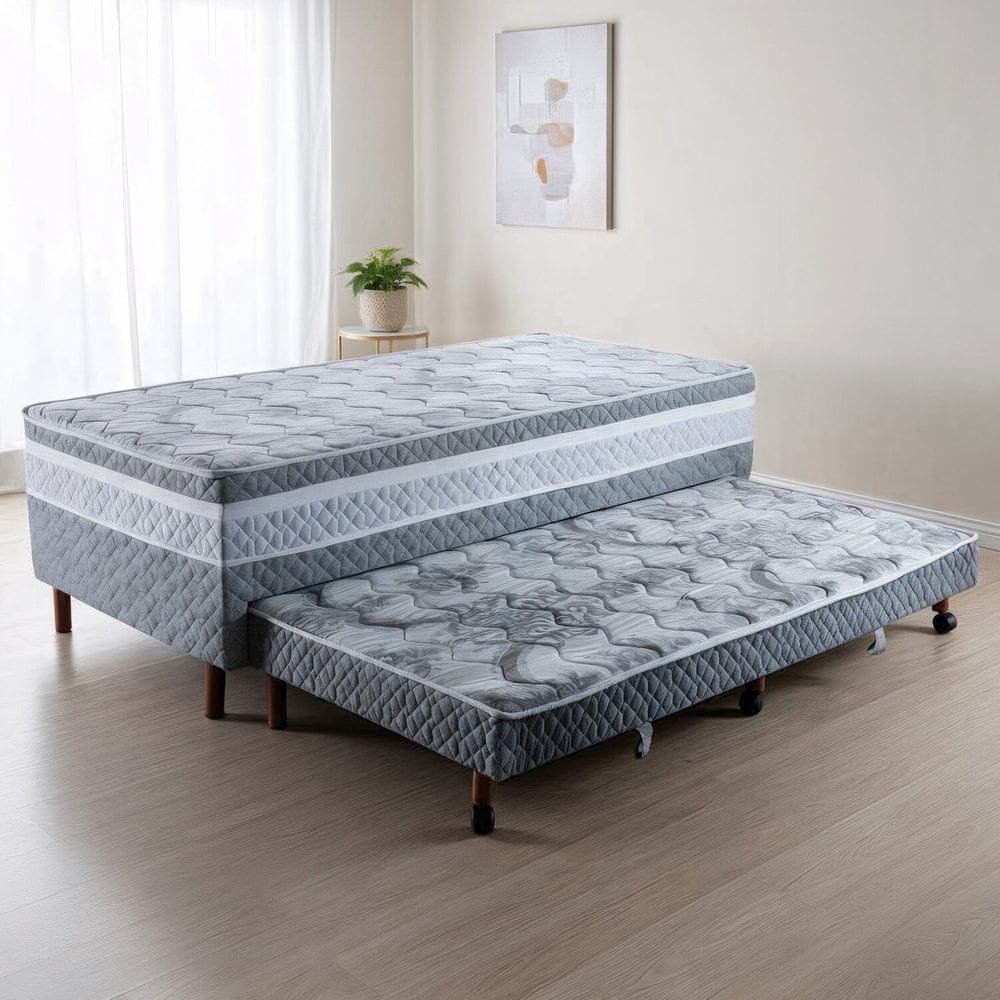 Cama Box Conjugada Solteiro com Cama Auxiliar Pés em Madeira Maciça Dream Rústico Cinza