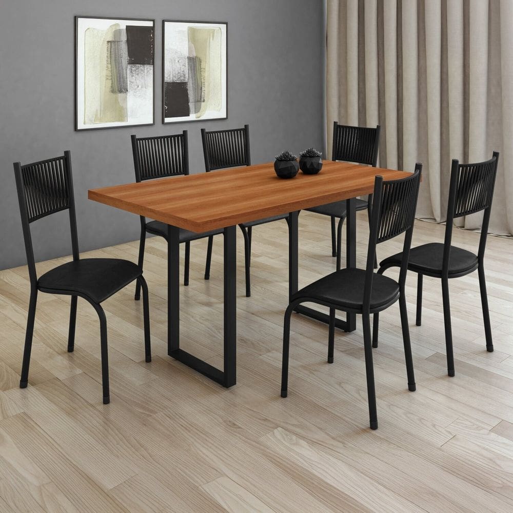 Conjunto Sala de Jantar 6 Cadeiras Mesa Bp 136x75cm Mariana Preto/Freijó