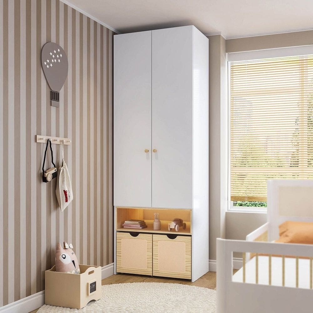 Guarda-roupa Modulado com Led, 2 Portas e 2 Caixas Organizadoras Wave Casatema MadeiraOriginals Branco/Natural