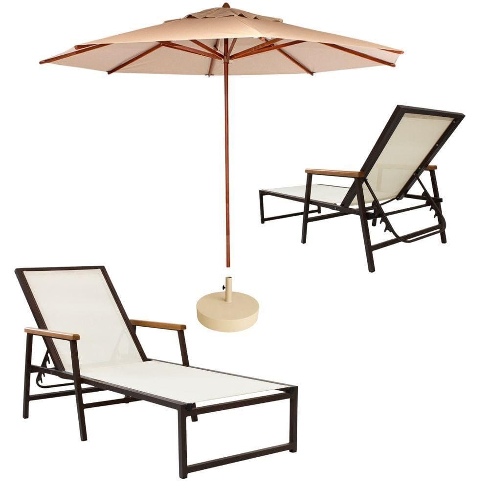 2 Espreguiçadeiras Alumínio + Ombrelone Piscina Praia Lazer Bege Claro