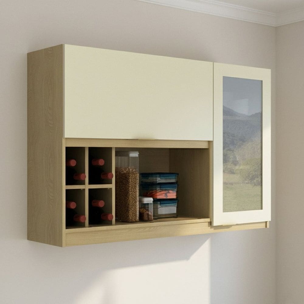 Armário Aéreo 120cm com Nicho Adega e Porta de Vidro Reflecta Nanda Marrom/Arenas