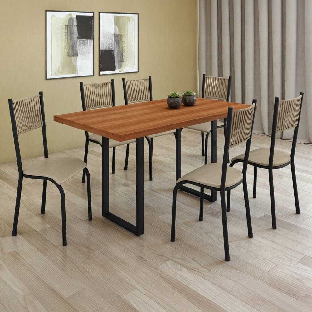 Conjunto Sala de Jantar 6 Cadeiras Mesa Bp 136x75cm Mariana Rami/Perola
