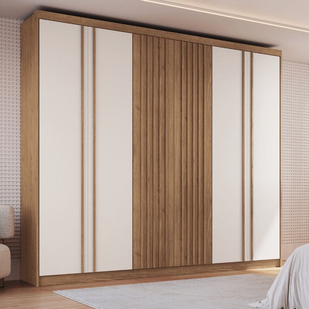 Guarda-roupa 6 Portas 3 Gavetas Florence Macadâmia/Blanc