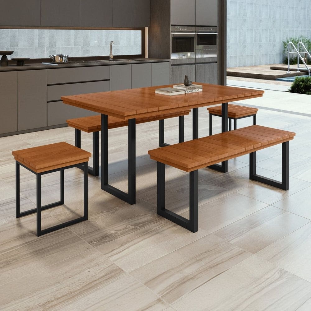 Conjunto Tampo Ripado Eucalípto 160x90cm com 4 Bancos Capri Preto/Cinamomo