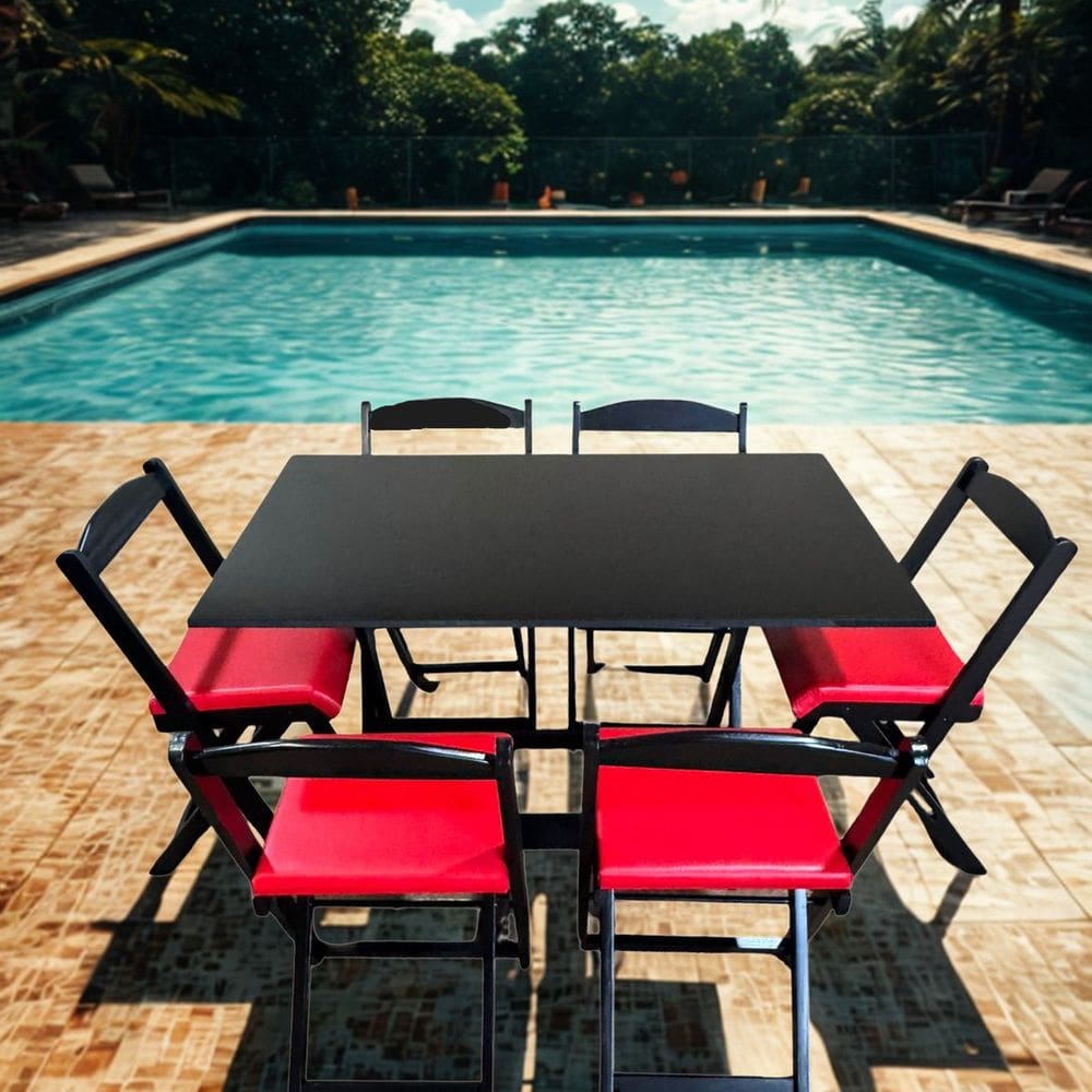 Conjunto Dobrável 120x70cm 6 Cadeiras Estofado Preto/Vermelho