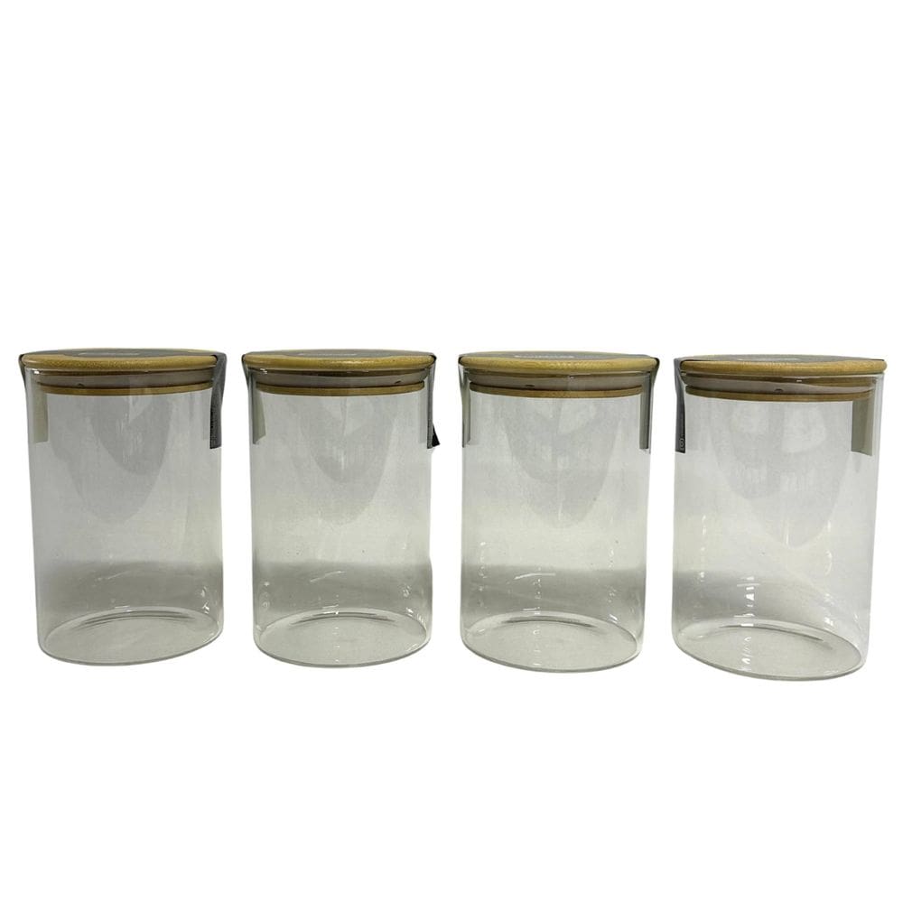 Kit 4 Potes De Vidro Hermético Redondo Tampa De Bambu 1000Ml