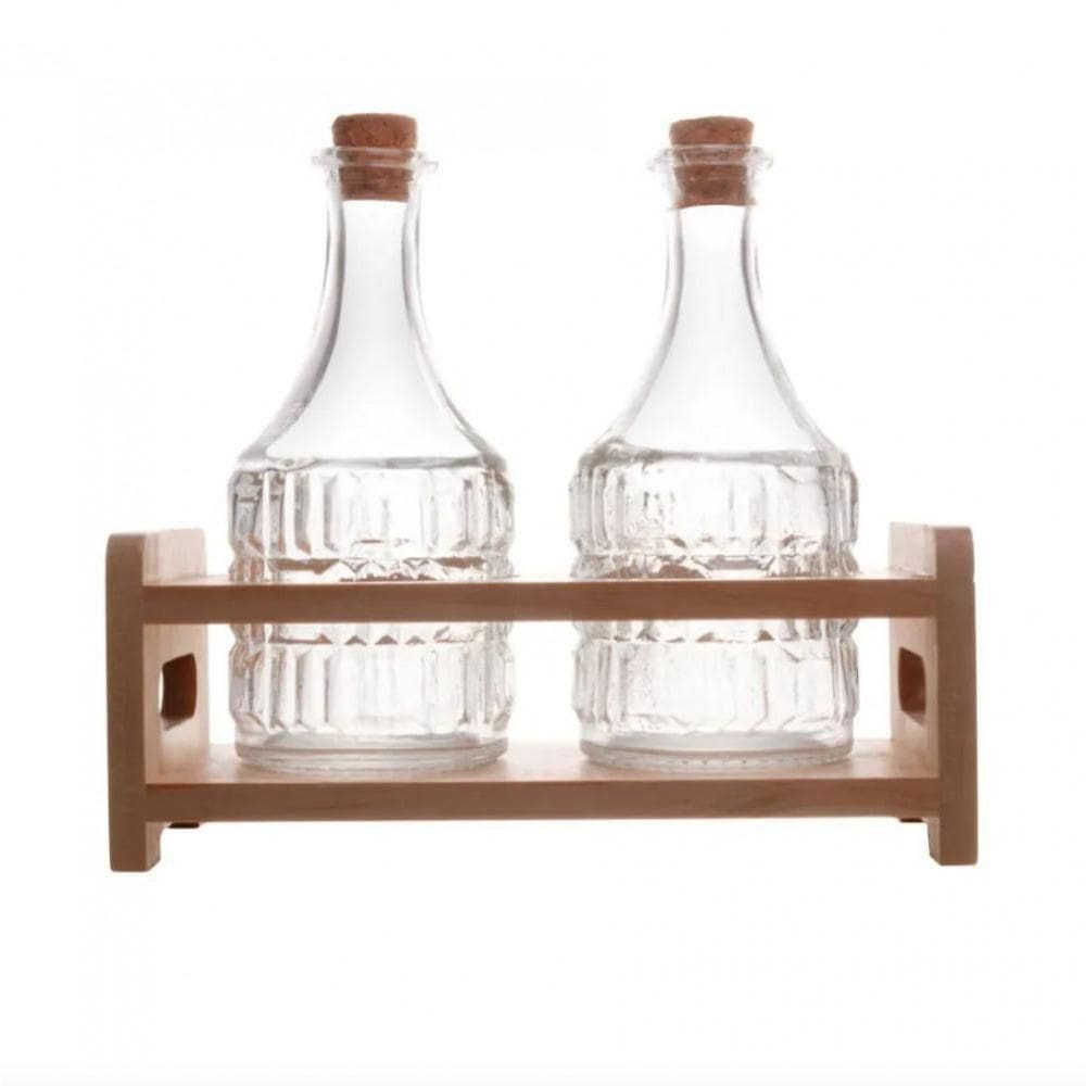 Conjunto 2 Garrafas De Azeite Suporte Em Madeira 180ml Lyor