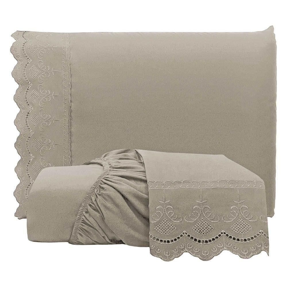 Jogo De Lençol Realce King 3 Peças Percal 300 Fios Bordado Inglês Macio - Fendi - 100% Poliéster