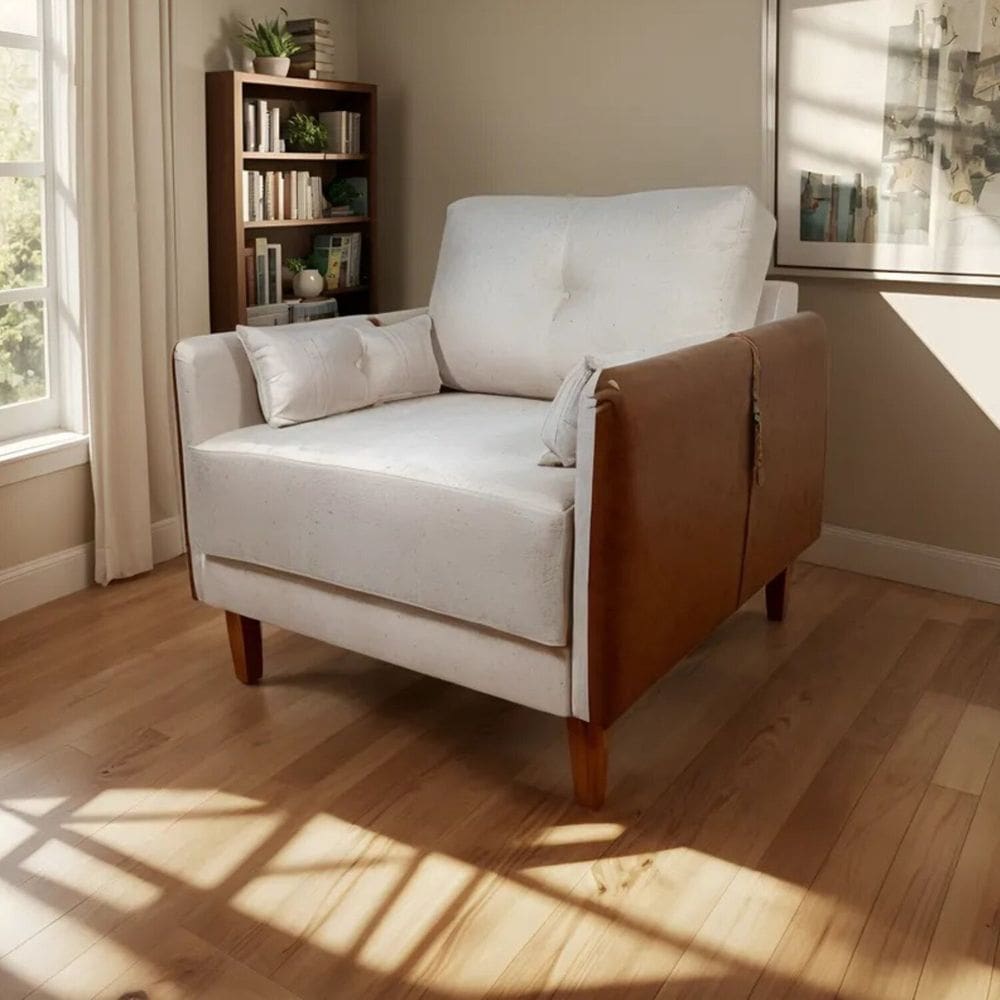 Poltrona Linho Premium com Couro Base Madeira Maciça Houston Bege