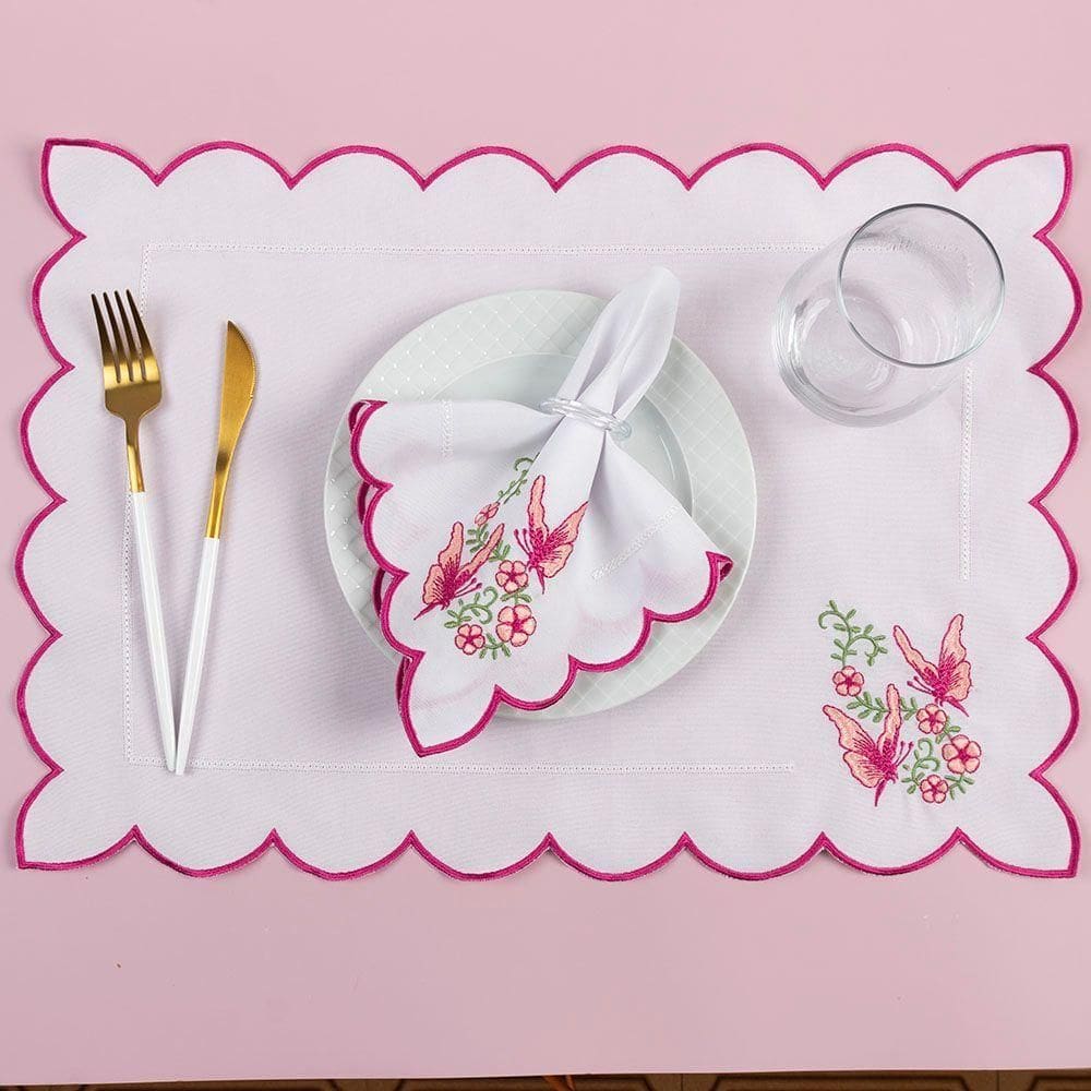 Kit 12 Jogos Americanos Guardanapos De Mesa Retangular Bordado Borboleta - Branco - 100% Poliéster