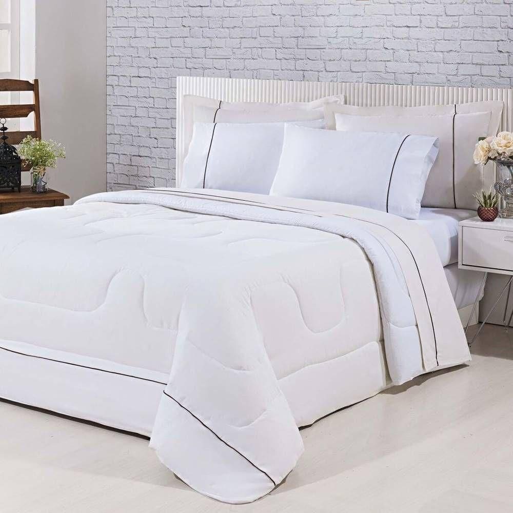 Kit Edredom 100% Algodão Percal 150 Fios Dupla Face King + Jogo De Cama Gran Moratta 7 Peças - Branco/ Palha