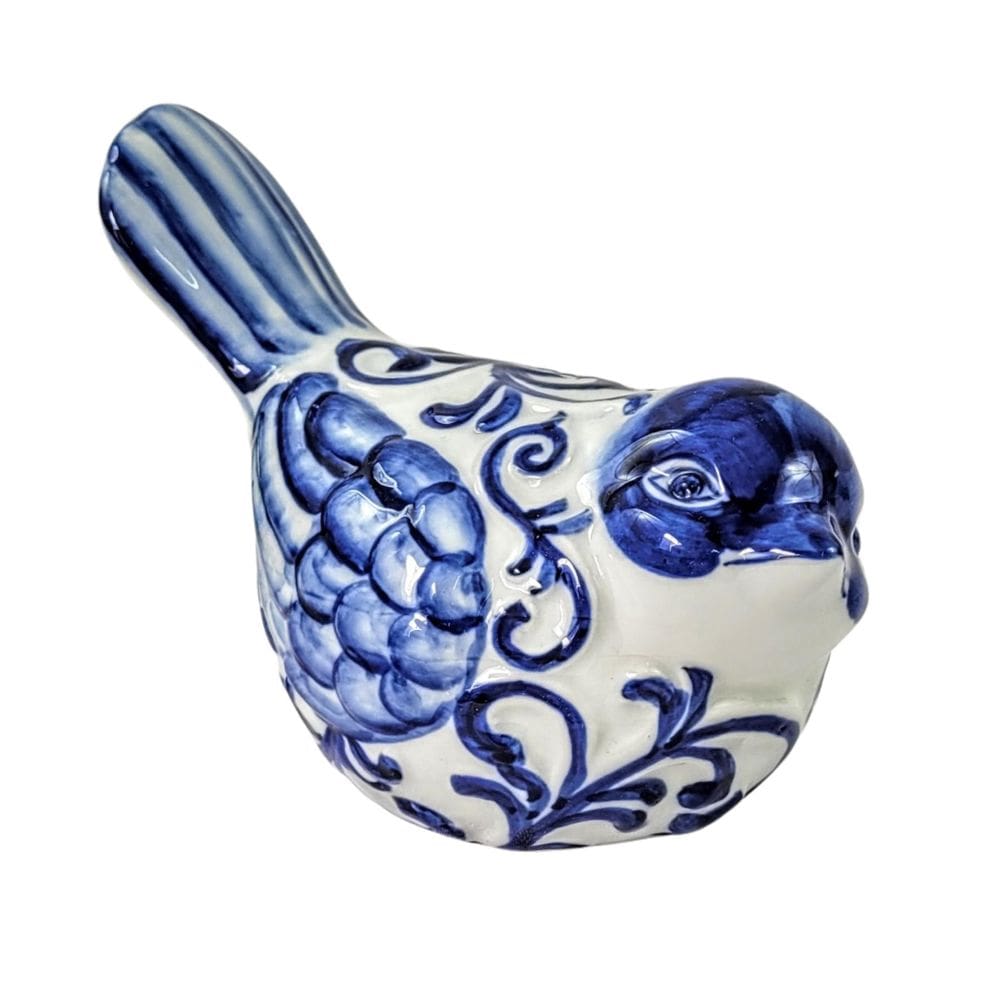 Pássaro Decorativo Porcelana Azul E Branco 20Cm Elegante