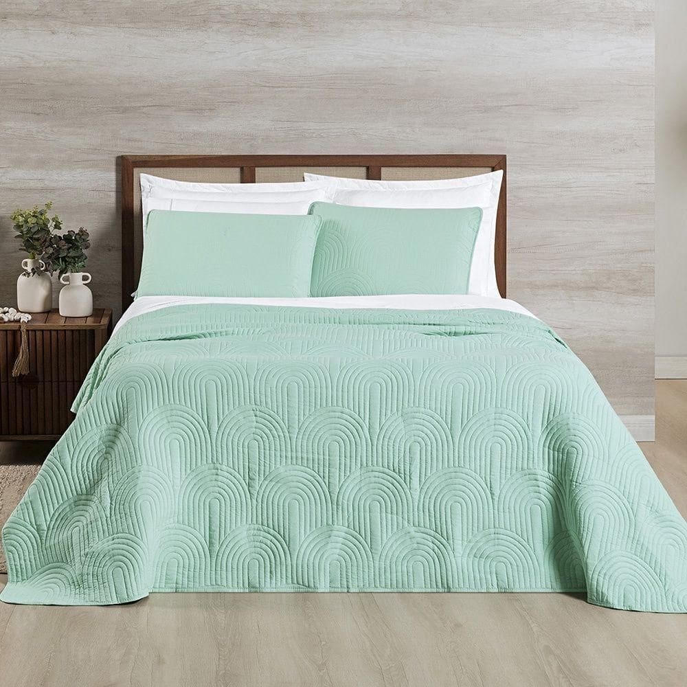 Cobre Leito Arcos 200 Fios Casal Padrão 03 Peças 100% Poliéster - Verde Suave