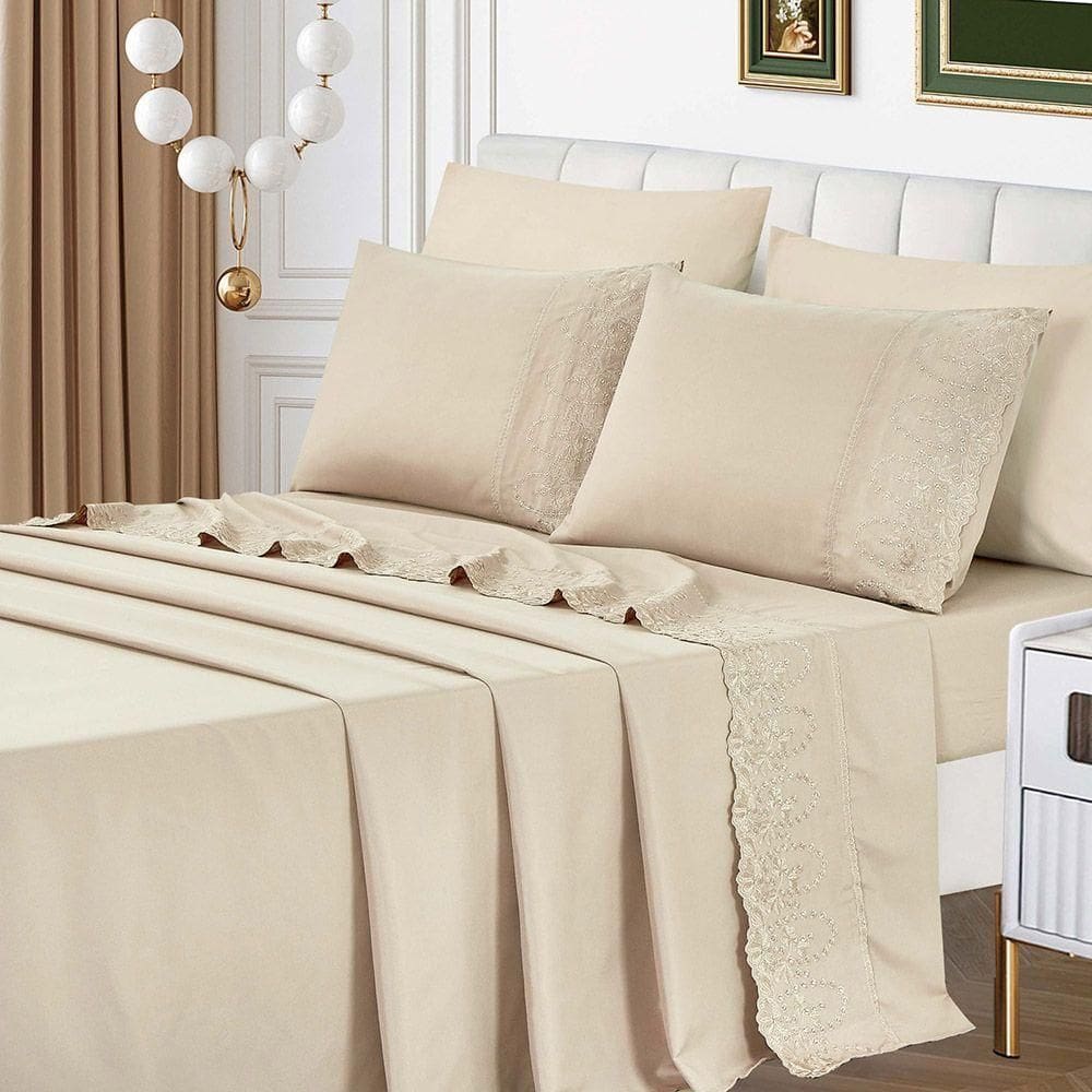 Jogo De Lençol Lummi Casal 4 Peças Percal 300 Fios Bordado Inglês Macio - Pérola - 100% Poliéster