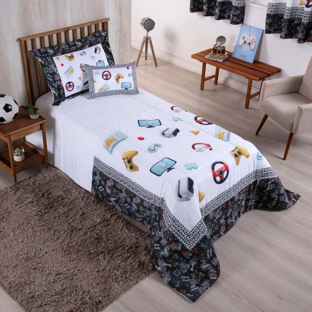 Kit Edredom Juvenil Solteiro 04 Peças Estampado 300 Fios - Games - 100% Poliéster