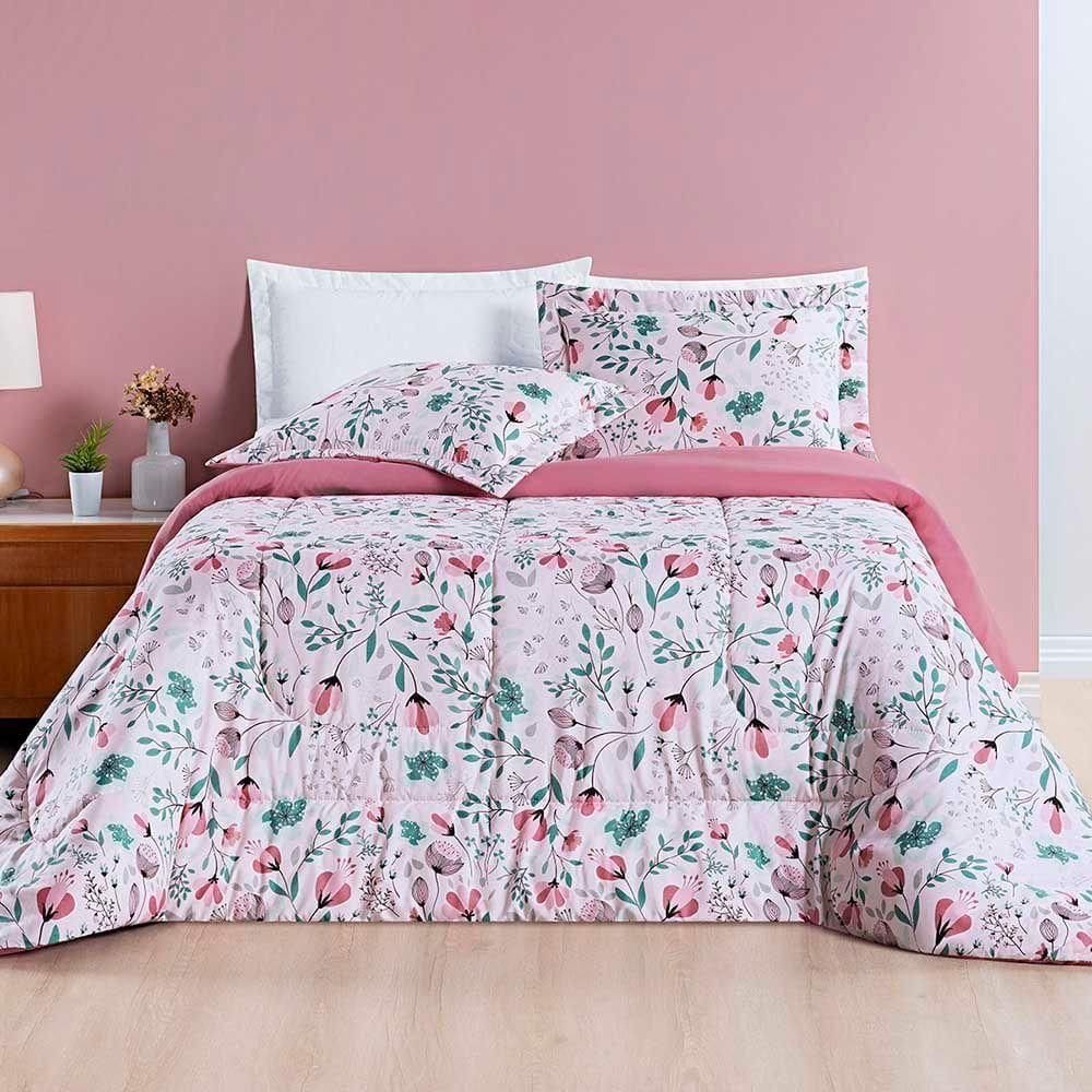 Kit Edredom Júlia King 3 Peças Dupla Face Micropercal 200 Fios Floral - Bothanica - 100% Poliéster