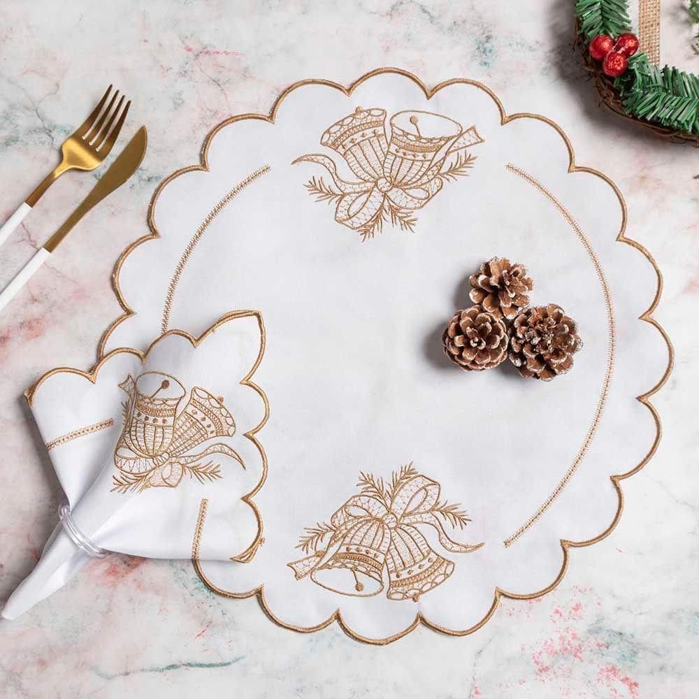 Kit 12 Jogos Americanos Natalino Guardanapos De Mesa Redondo Bordado Sinos Natal - Marfim - 100% Poliéster