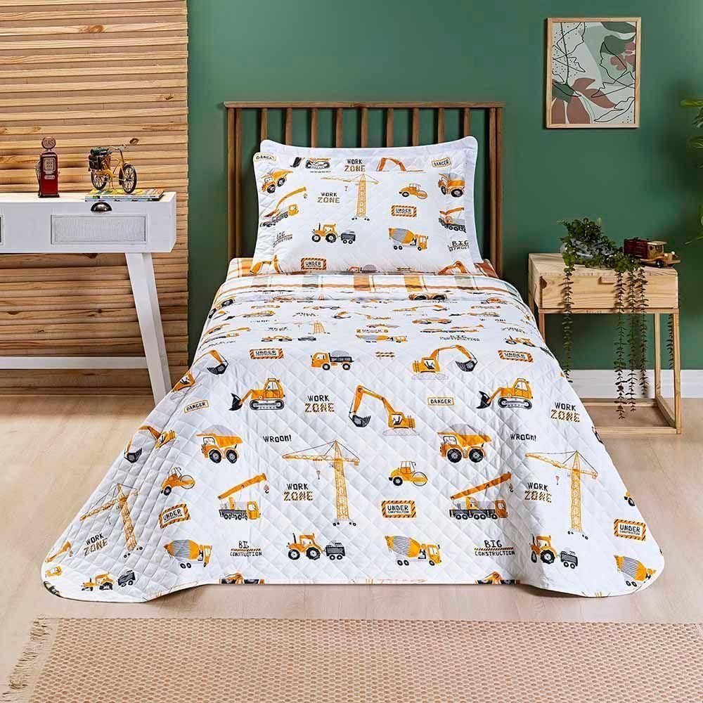 Kit Cobre Leito Colcha Joy Kids Solteiro Infantil 2 Peças Micropercal 200 Fios - Manny Trator - 100% Poliéster