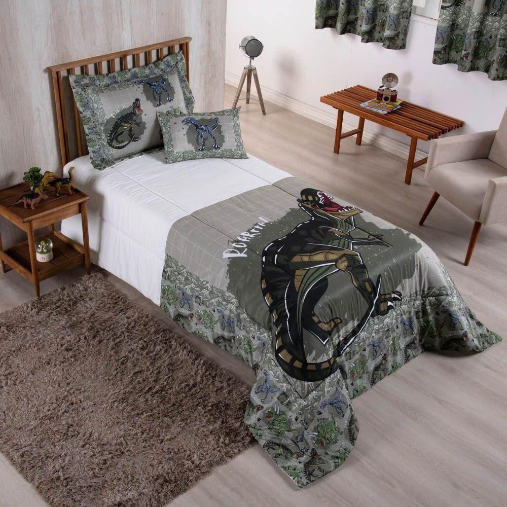 Kit Edredom Juvenil Solteiro 04 Peças Estampado 300 Fios - Dinossauro - 100% Poliéster