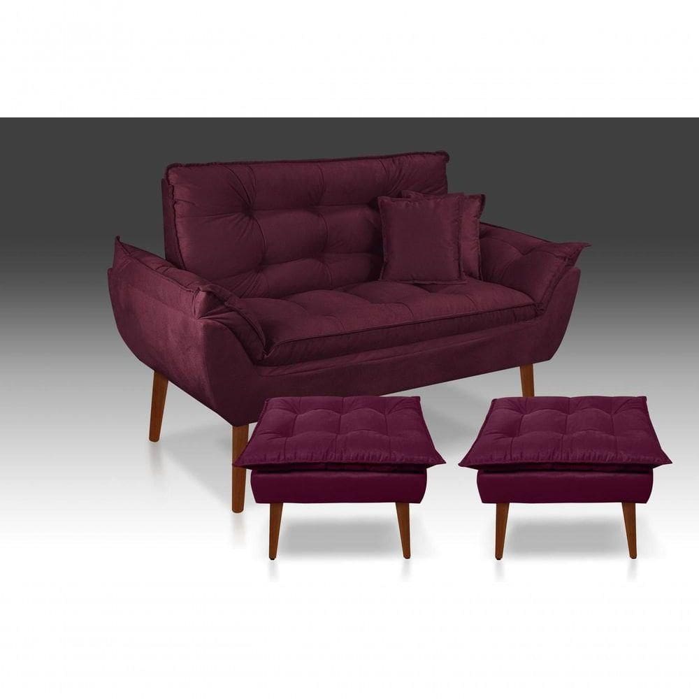 Kit Poltrona Decorativa Namoradeira 2 Puffs Opala E 2 Almofadas Suede Bordo -LmDecor