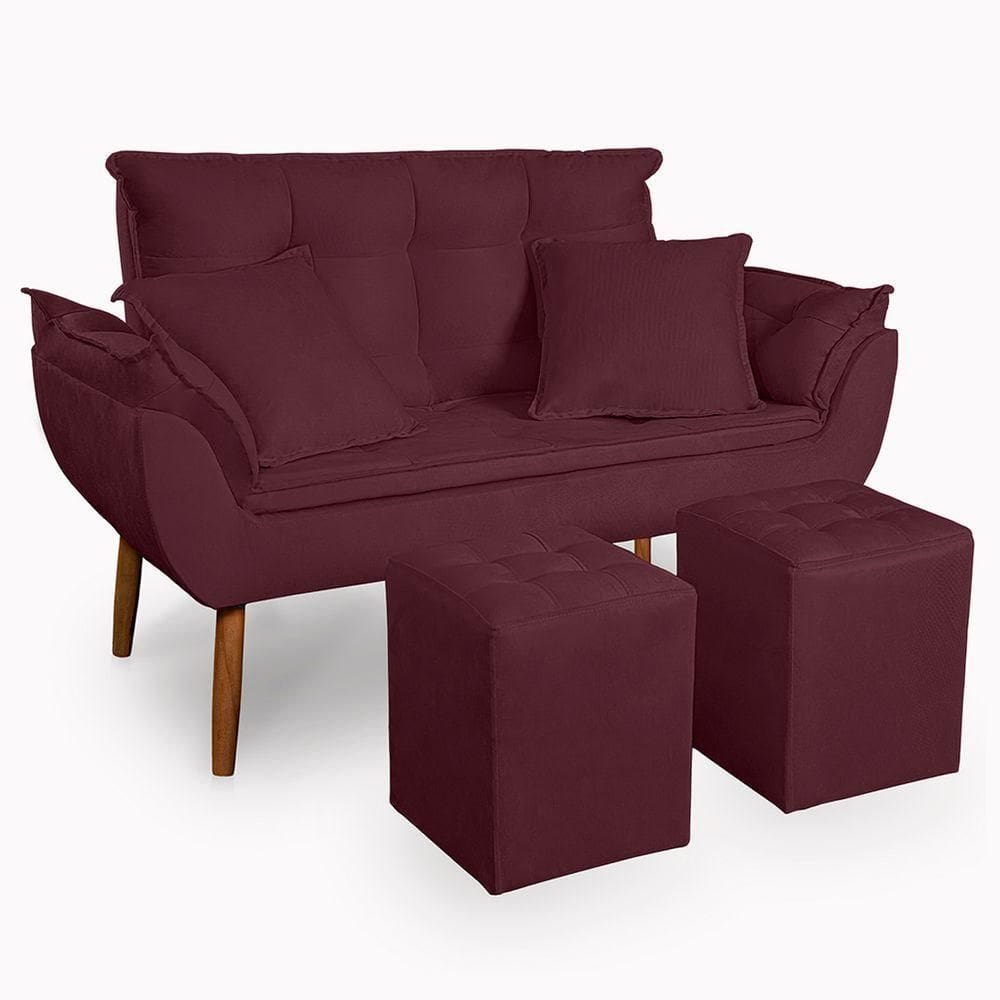 Kit Poltrona Decorativa Namoradeira 2 Puffs Quadrado E 2 Almofadas Suede Bordô -LmDecor