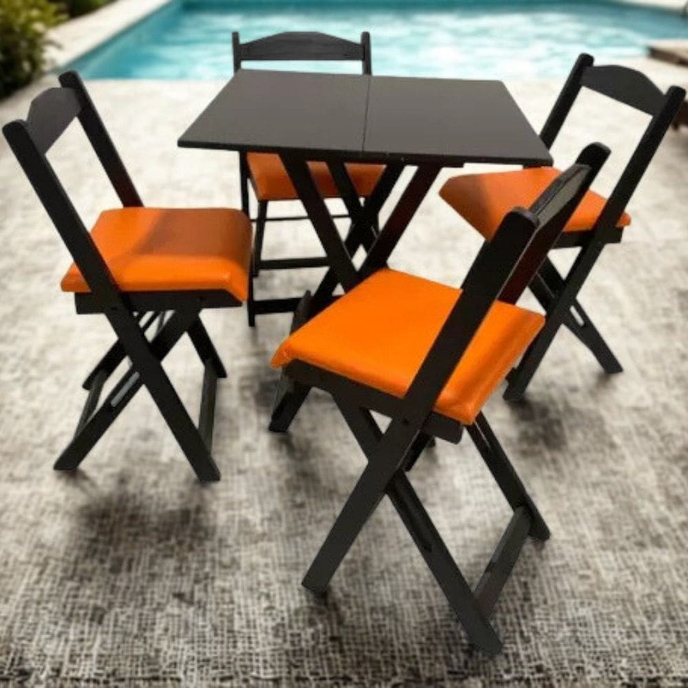 Conjunto Mesa Dobrável com 4 Cadeiras Estofado Naval Preto/Laranja