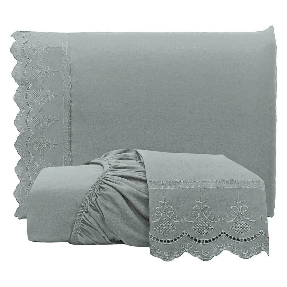 Jogo De Lençol Realce Queen 3 Peças Percal 300 Fios Bordado Inglês Macio - Cinza - 100% Poliéster